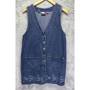 J.L. N.Y. Sport Vintage Denim Jumper Dress Medium Wash Floral Embroidered Size M